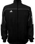 Black jacket with white stripes, adidas design, 100% polyester tracksuit.