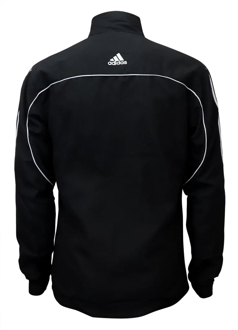 Black jacket with white stripes, adidas design, 100% polyester tracksuit.