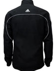 Black jacket with white stripes, adidas design, 100% polyester tracksuit.