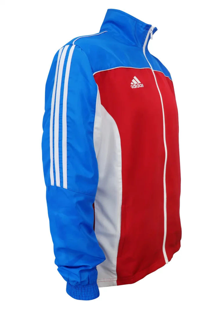 Red and blue jacket for martial arts.