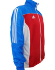 Red and blue jacket for martial arts.