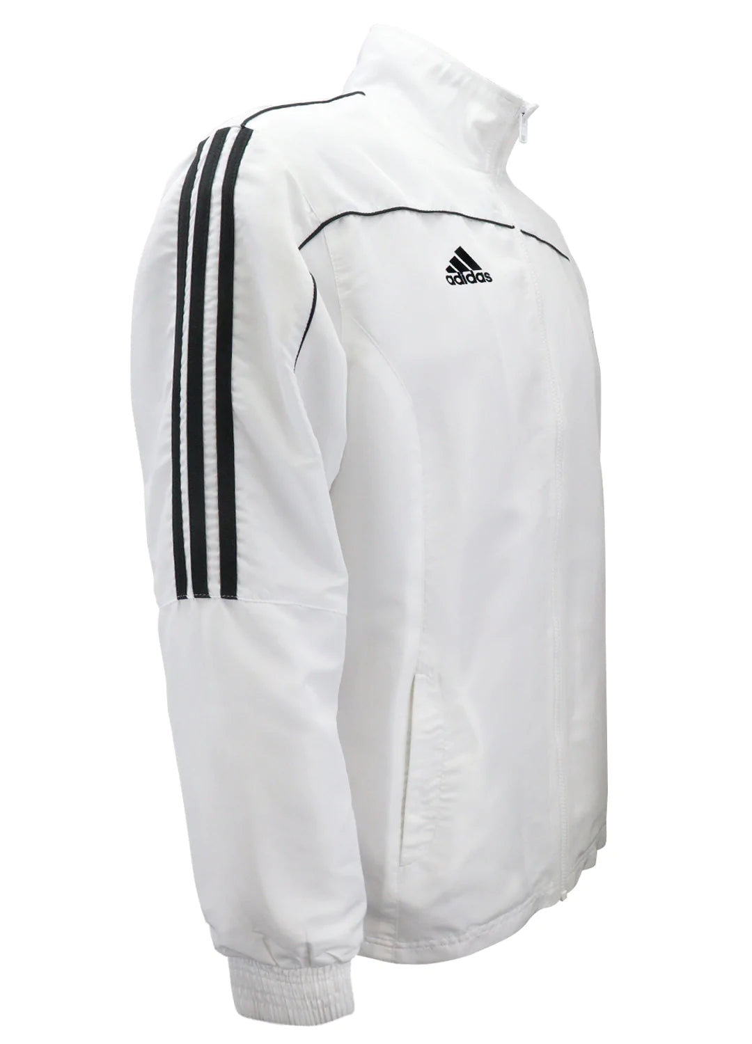 Custom adidas white jacket with black stripes, martial arts tracksuit.