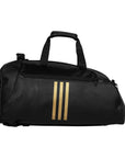 Black duffel bag with gold stripes.