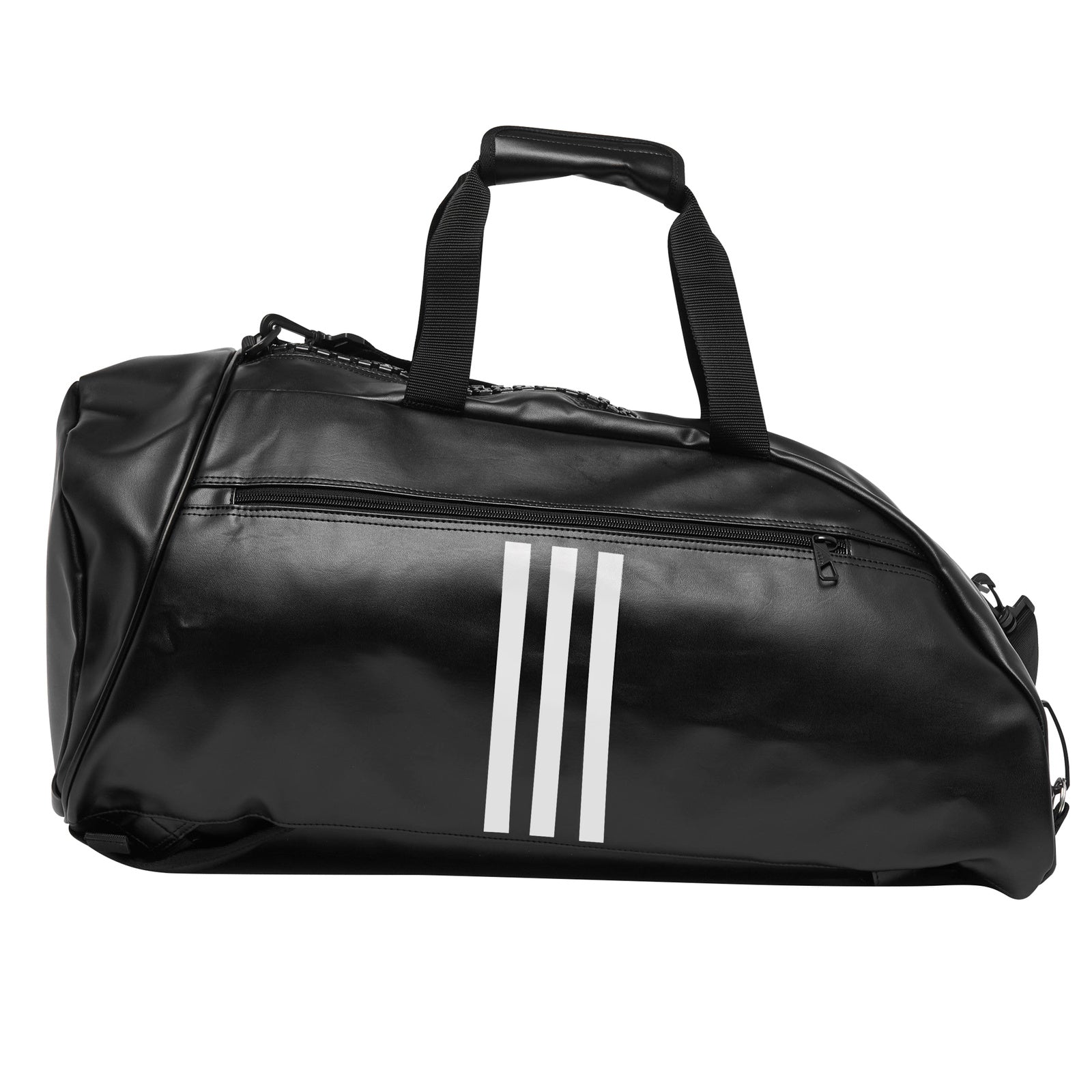 Black duffel bag with white stripes, ideal for sports equipment.