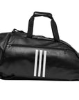 Black duffel bag with white stripes, ideal for sports equipment.