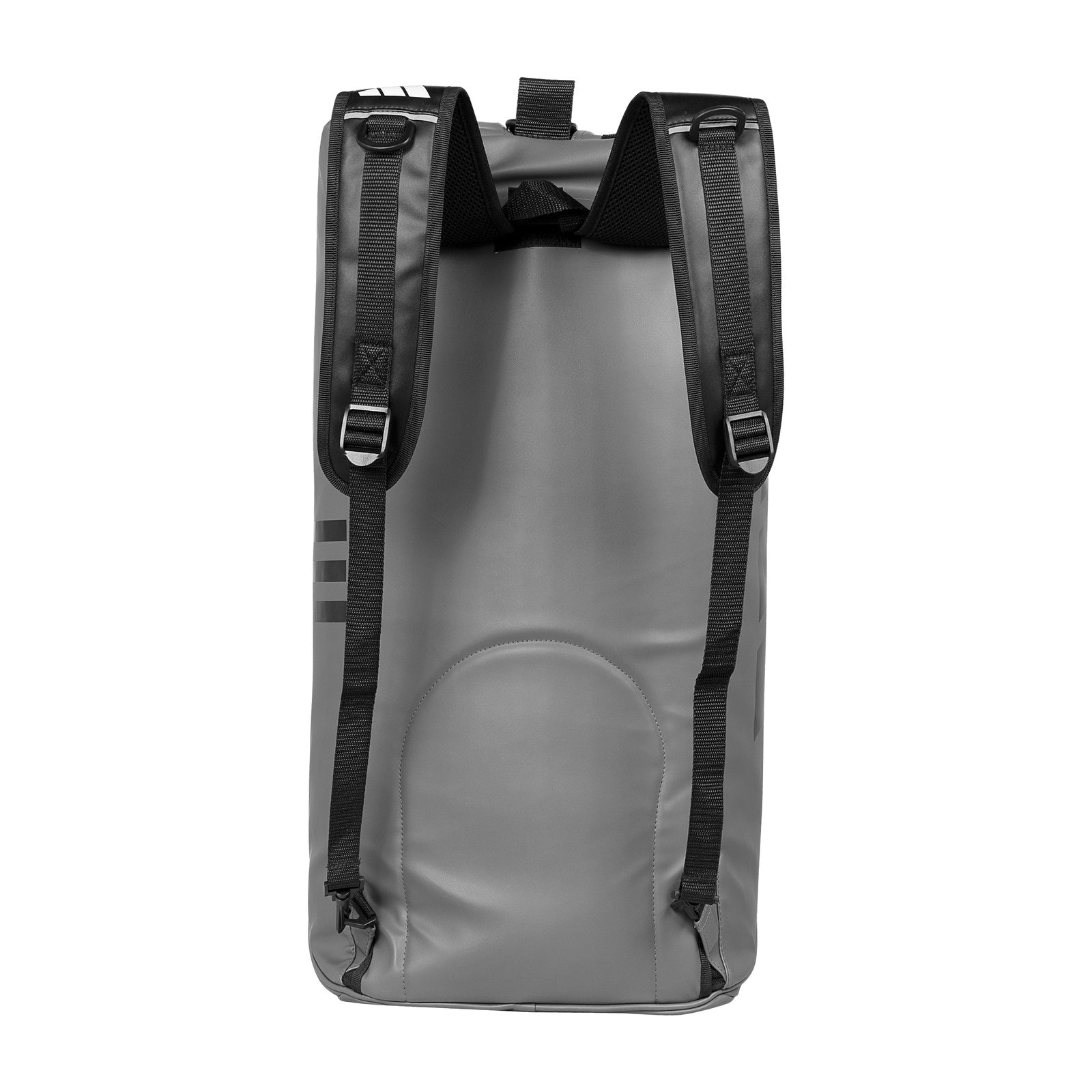 Grey backpack with black straps, suitable for taekwondo equipment.