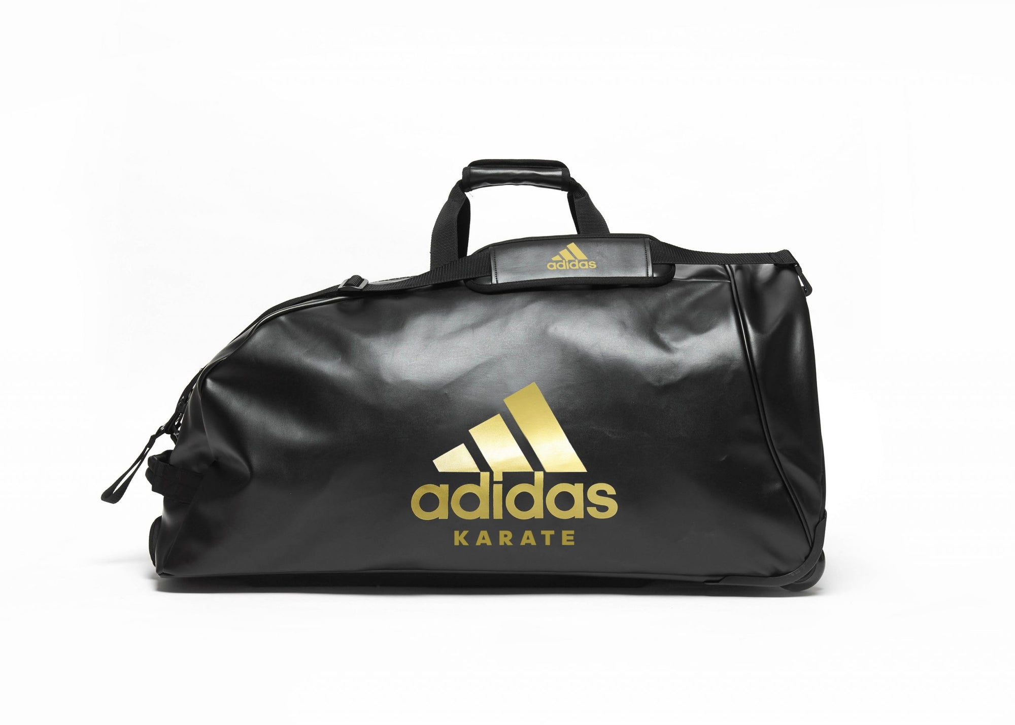 Black bag with gold lettering for travel.