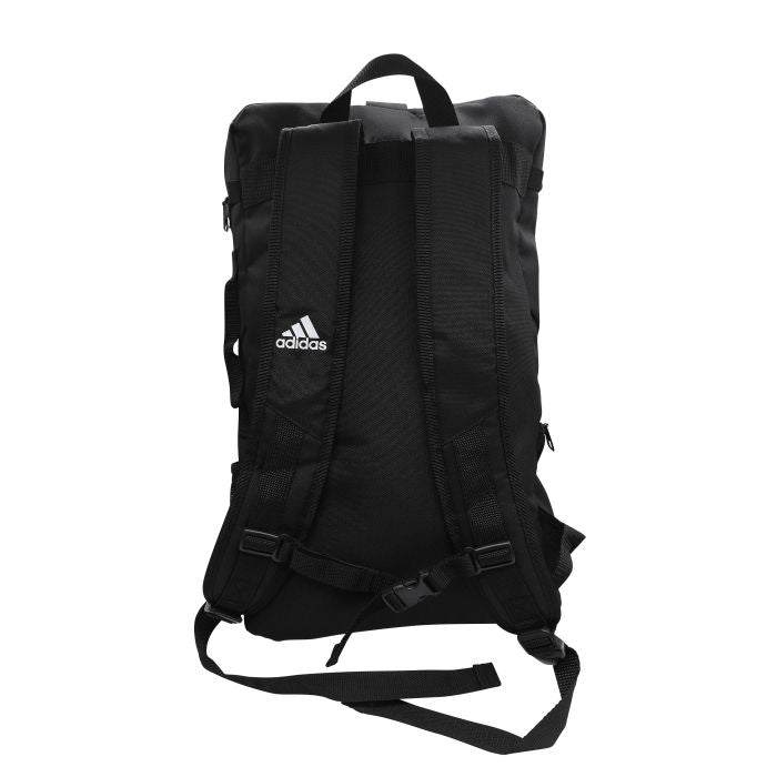 Black Adidas backpack with adjustable straps for Karate.