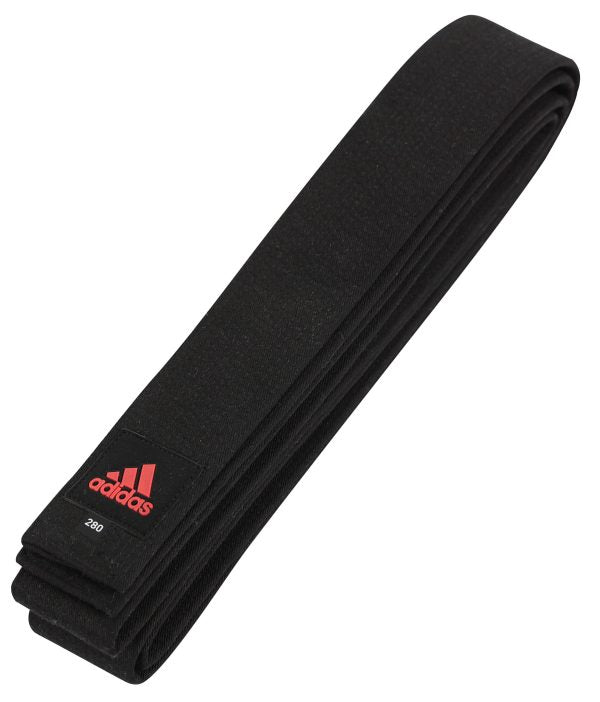 Black karate belt with logo.