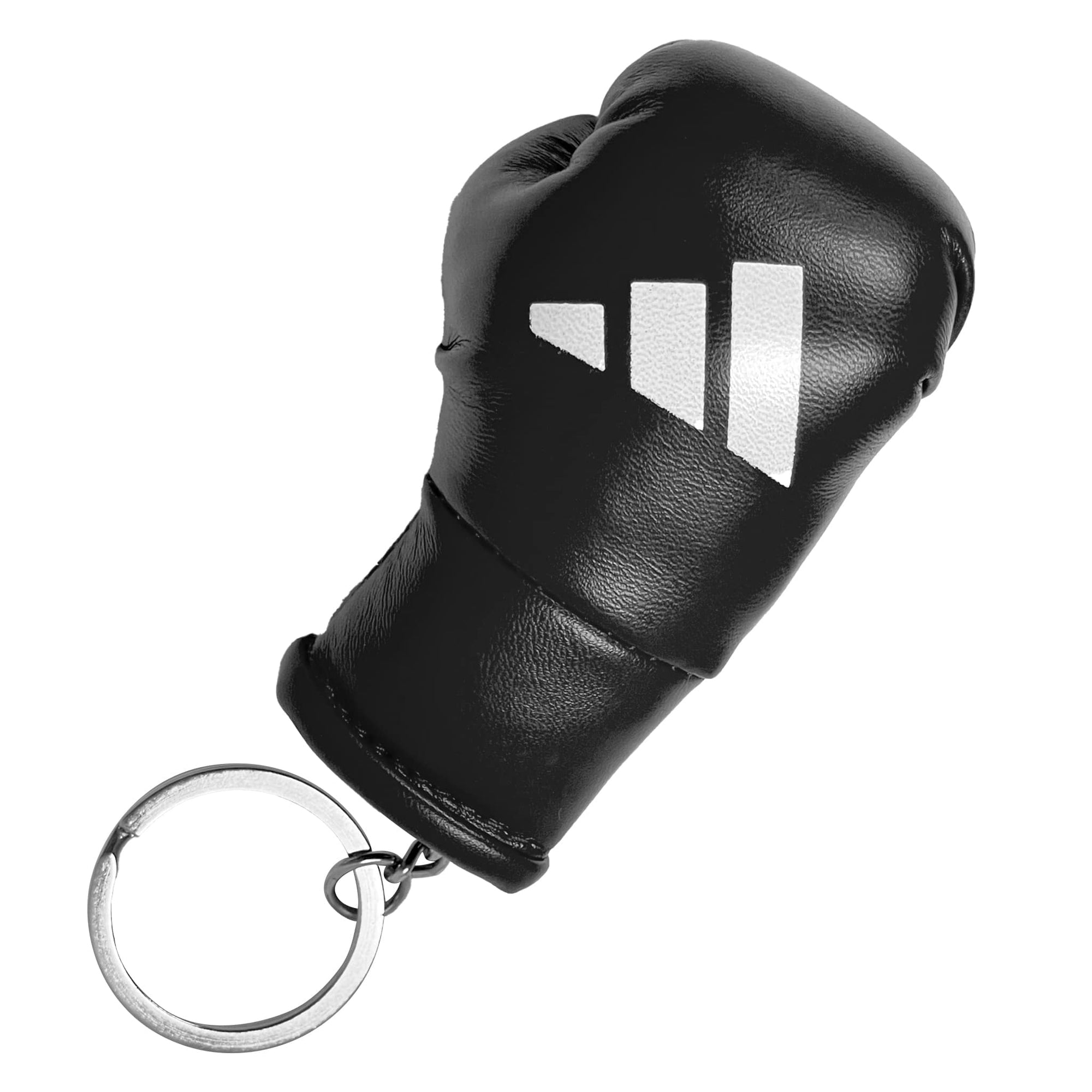 Black leather boxing glove keychain on white background.