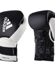 Pair of adidas Hybrid 350 Elite boxing gloves, black and white, 12 oz.