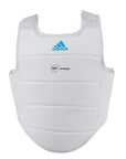 White karate body protector with logo, WKF approved.