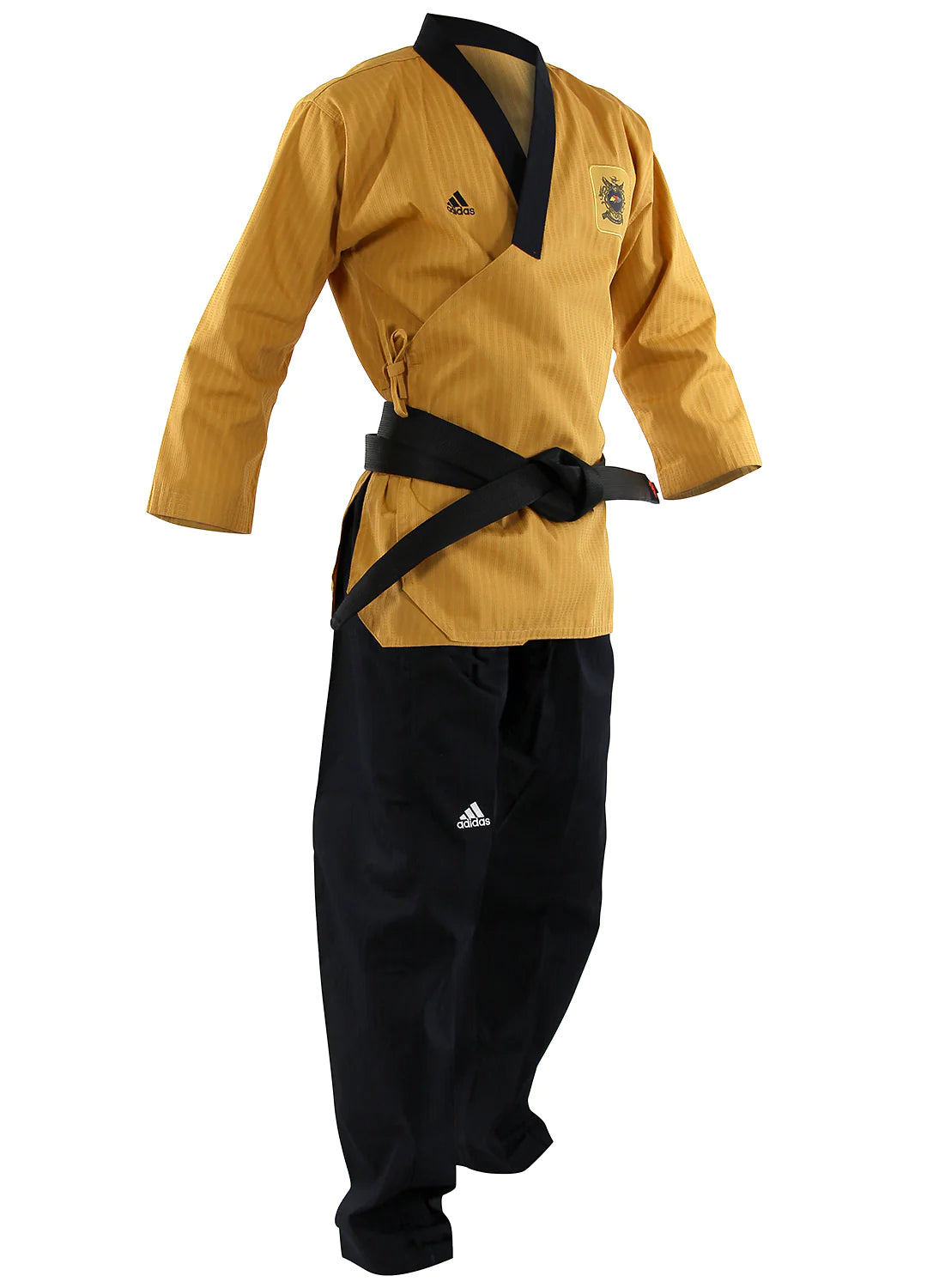 Yellow karate uniform with black belt, part of Adidas Taekwondo Premium Poomsae.