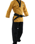 Yellow karate uniform with black belt, part of Adidas Taekwondo Premium Poomsae.