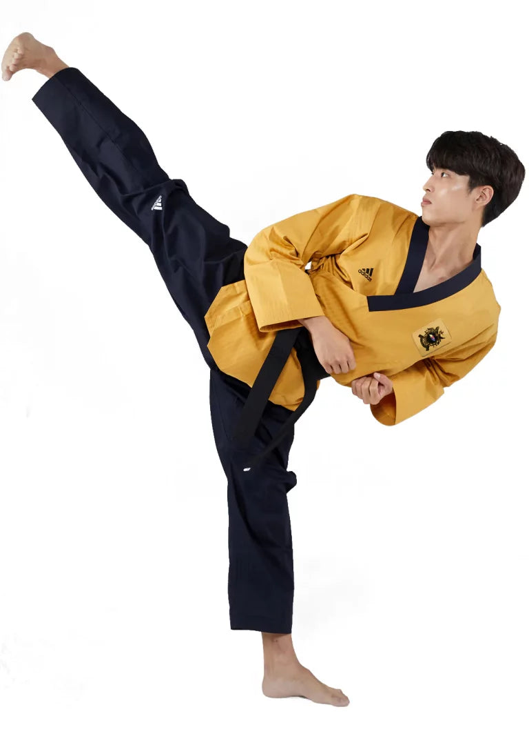 Man in a yellow taekwondo uniform with black belt.