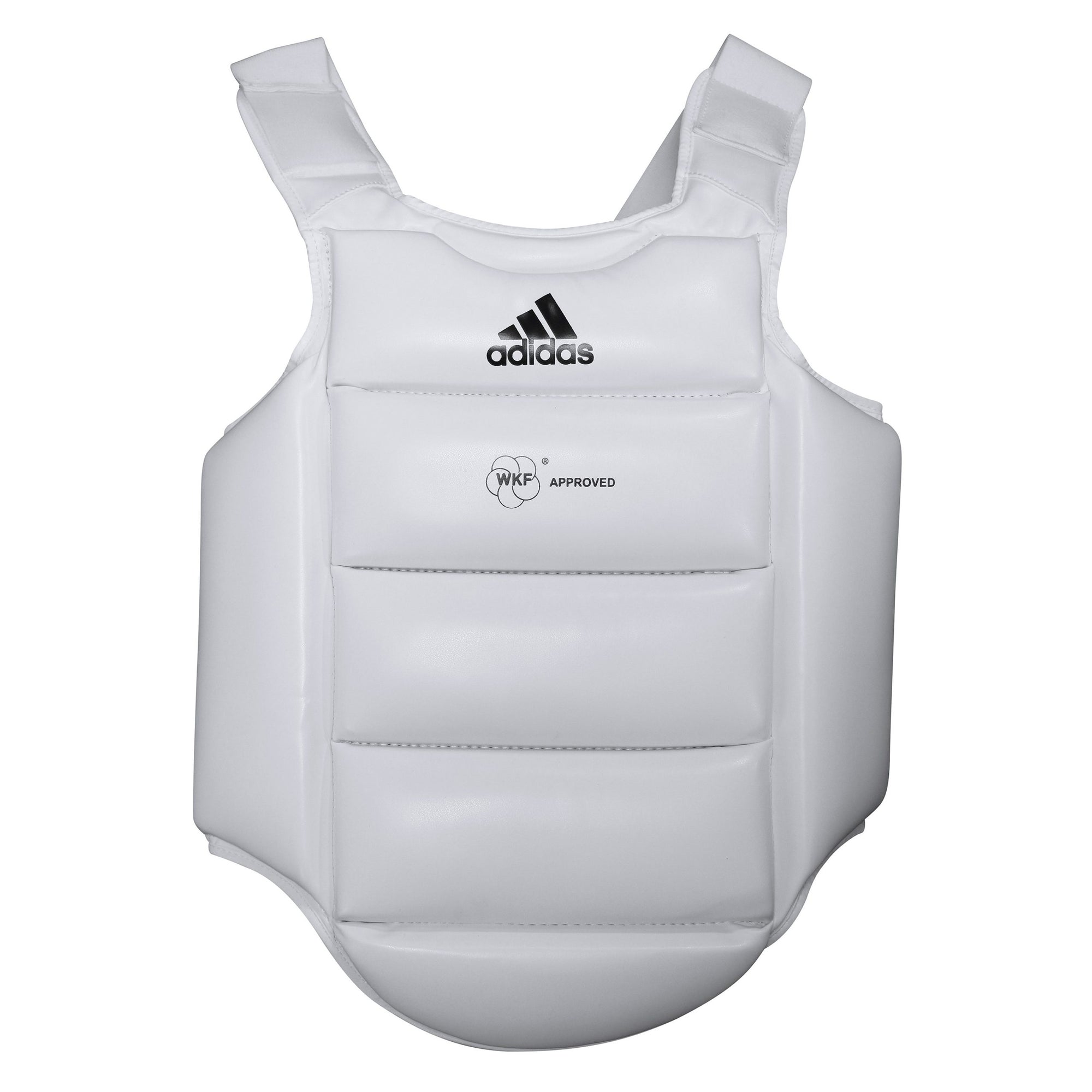 White vest with Adidas logo for karate protection.