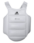 White vest with Adidas logo for karate protection.