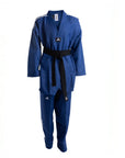 Blue martial arts uniform with a black belt on a white background