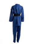 Blue martial arts uniform with a black belt on a white background
