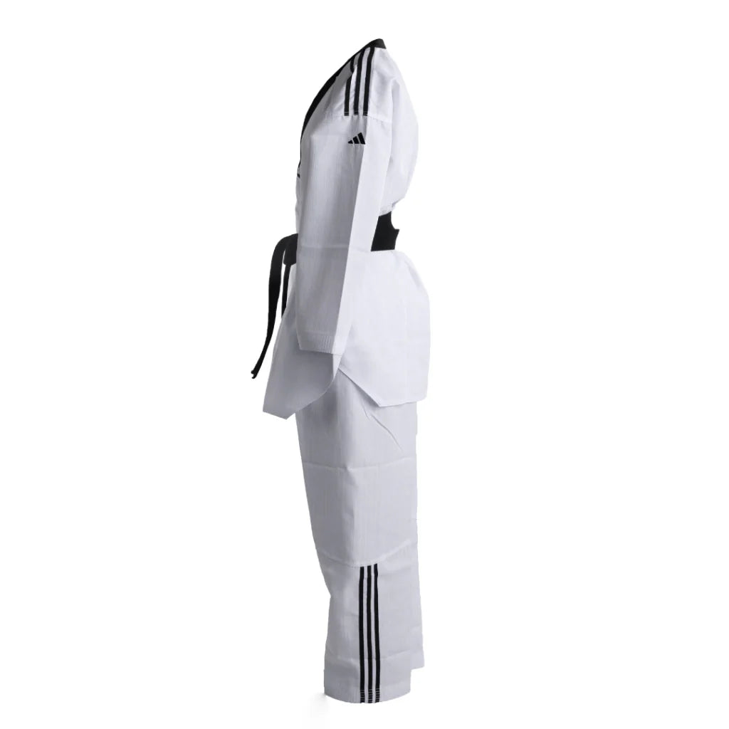 White martial arts uniform with black stripes on a white background