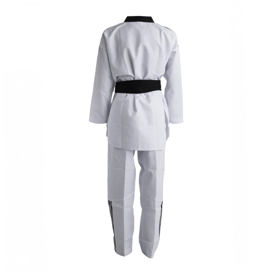 White martial arts uniform with a black belt on a white background