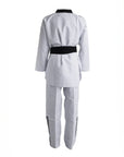 White martial arts uniform with a black belt on a white background