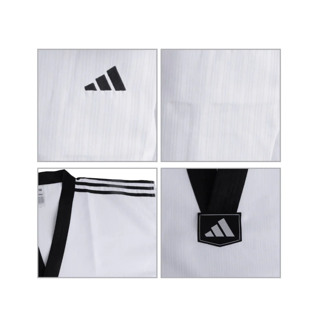 White martial arts uniform with black Adidas logo and stripes on a white background