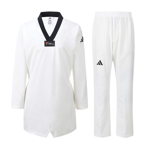 White taekwondo uniform with black stripes, adiPRO Olympic series.