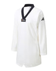 White taekwondo shirt with a black badge, part of adiPRO Olympic Uniform.