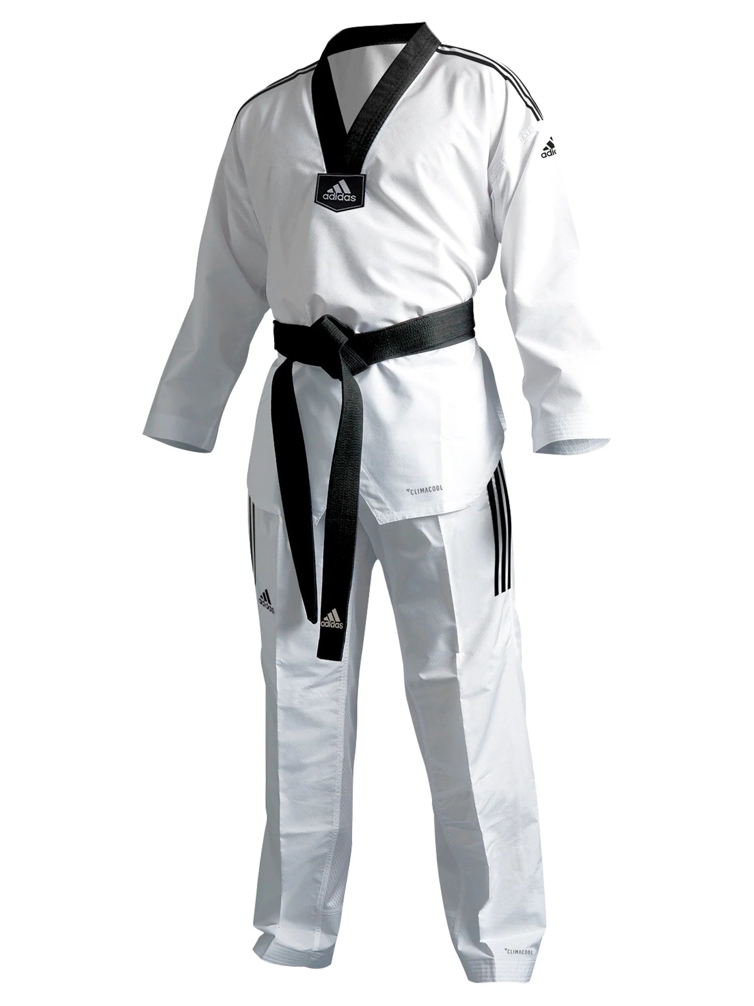 White karate uniform with black belt made from ultralight polyester by Adidas.