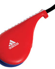 Red and blue Adidas double kicking target for taekwondo sparring.