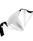 White and black strappy underwear for taekwondo sparring gear.