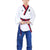 Boy wearing Adidas Poomsae taekwondo uniform in white and blue.