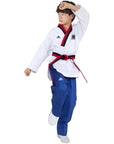 Boy wearing Adidas Poomsae taekwondo uniform in white and blue.