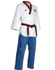 White karate uniform with blue pants from Adidas Poomsae.