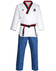 White and blue karate uniform by Adidas for youth males.