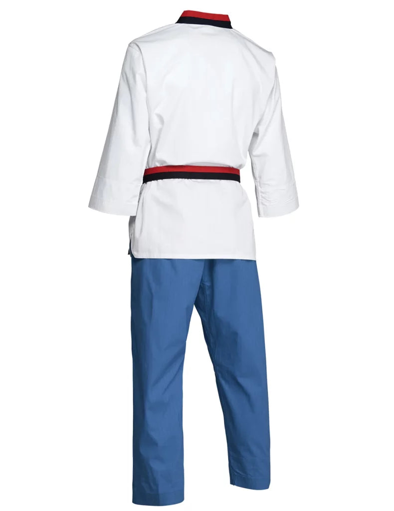 White karate uniform with blue pants for youth by Adidas.