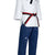 White taekwondo uniform with black belt for women.