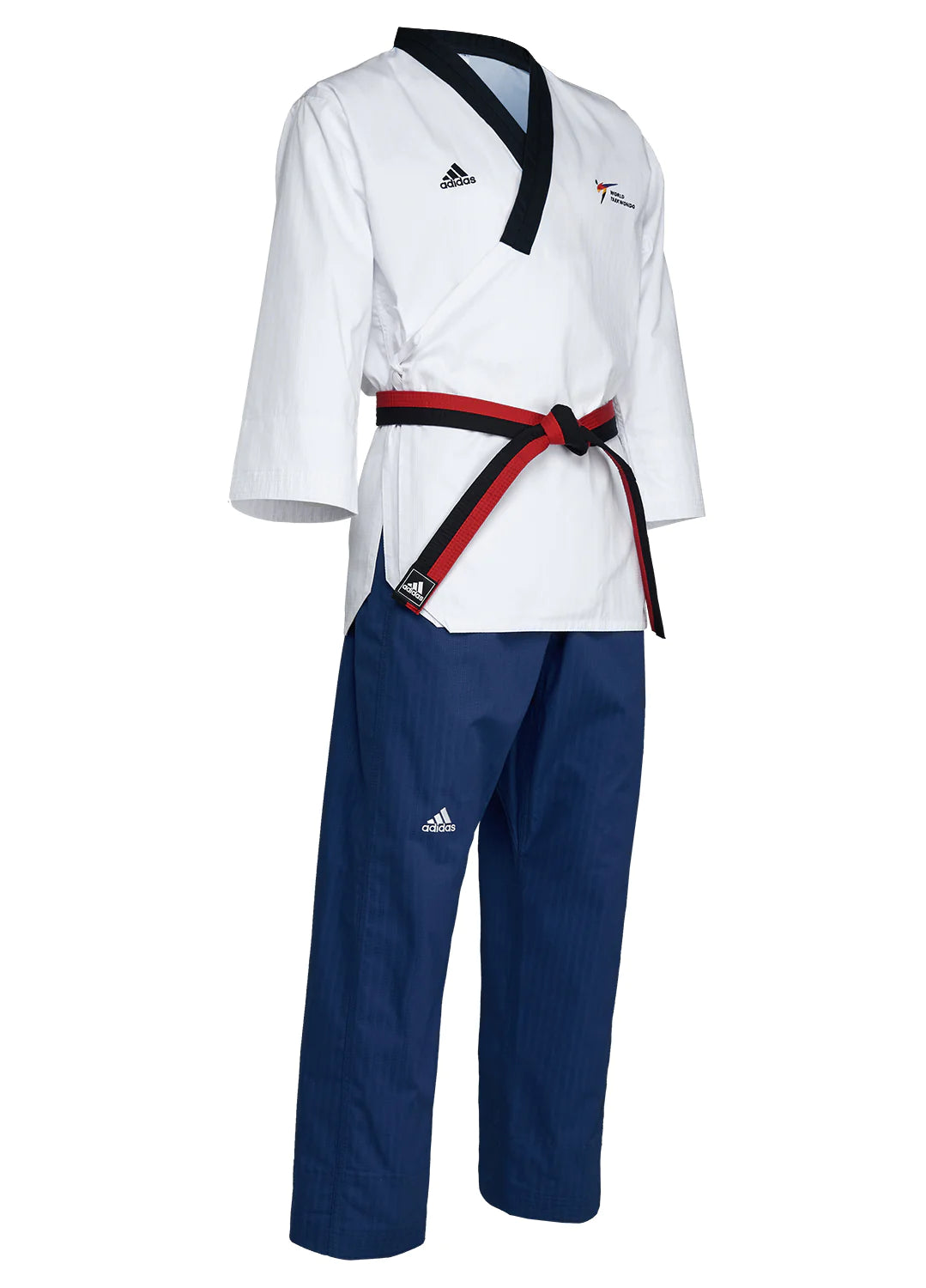 White taekwondo uniform with black belt for women.