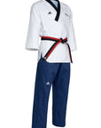 White taekwondo uniform with black belt for women.