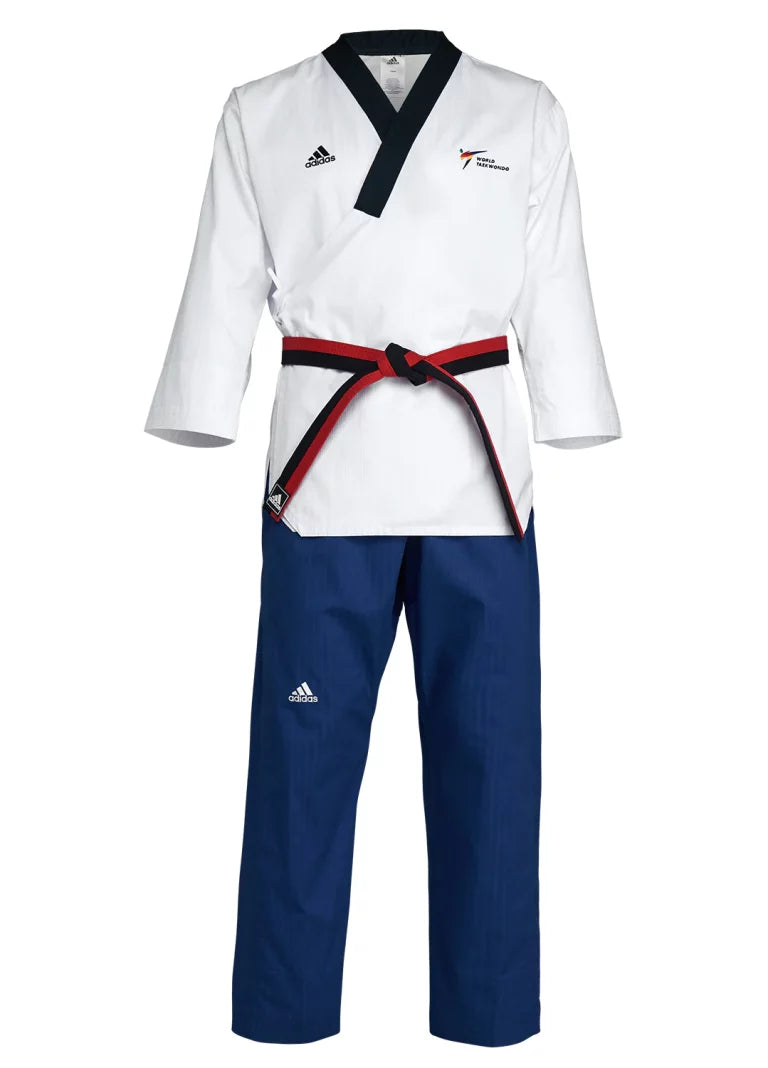 White karate uniform with black belt for women.