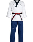 White karate uniform with black belt for women.