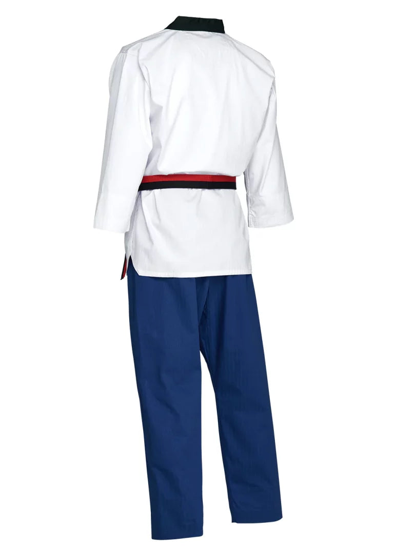 White shirt and blue pants as a taekwondo uniform.