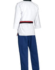 White shirt and blue pants as a taekwondo uniform.