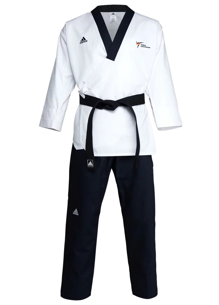 White and black karate uniform with Adidas branding.