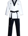 White and black karate uniform with Adidas branding.