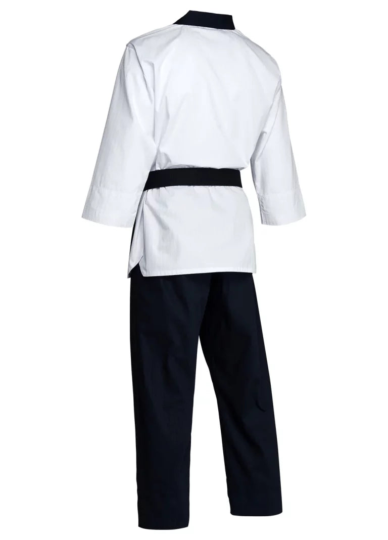 White karate uniform with black belt by Adidas.