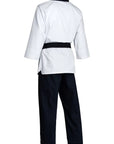 White karate uniform with black belt by Adidas.