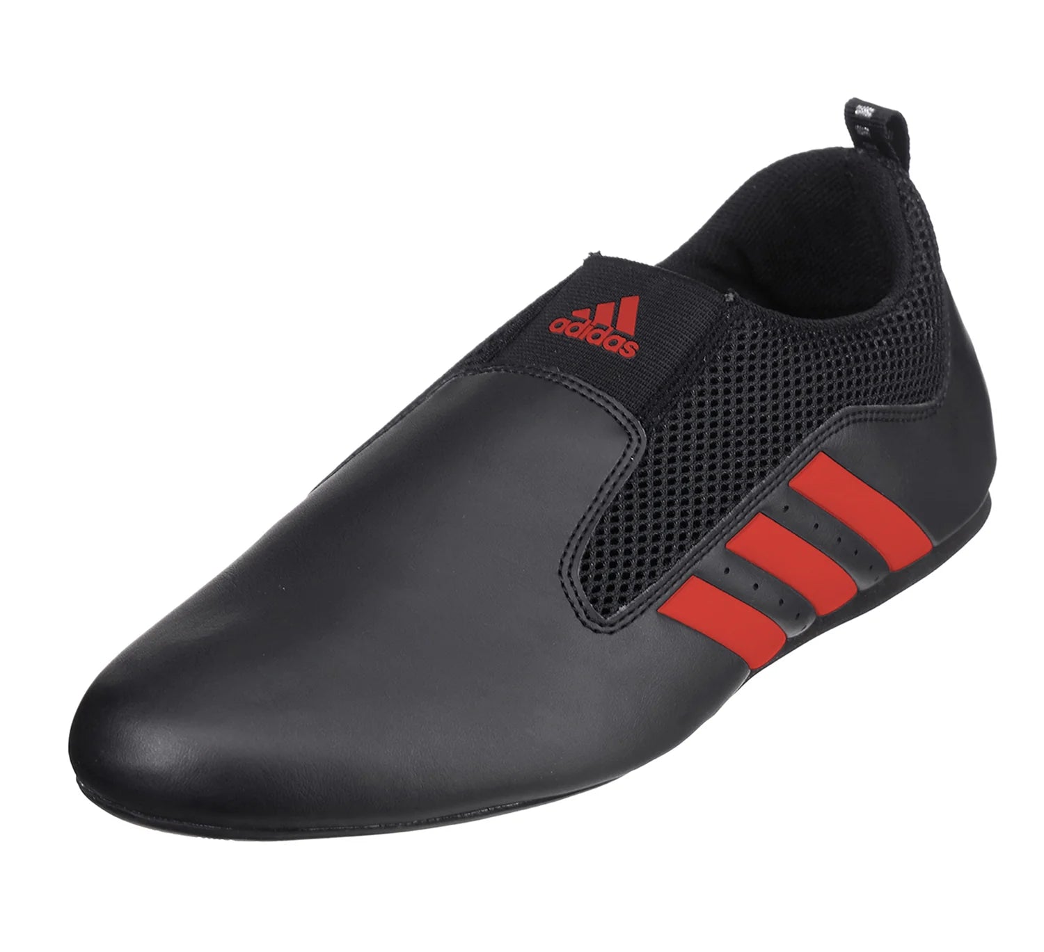 Black and red adidas laceless taekwondo shoes.