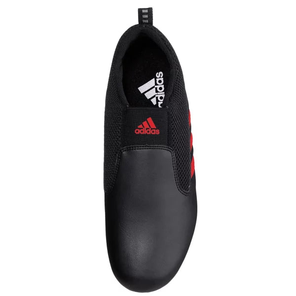 Black shoe with red stripes, adidas taekwondo model.